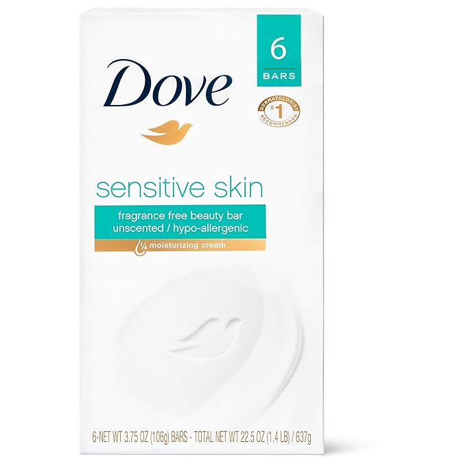 Dove Beauty Bar Gently Cleanses and Nourishes Sensitive Skin Effectively Washes Away Bacteria While Nourishing Your Skin, White, 3.75 Oz, 6 Count
