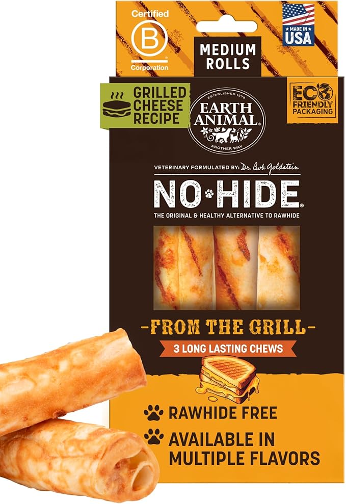 Earth Animal No Hide Dog Chews - Medium Rolls 3 Count Grilled Cheese | Medium Grilled Cheese Flavored Natural Rawhide Free Long Lasting Dog Chews - Treats for Medium Dogs and Aggressive Chewers