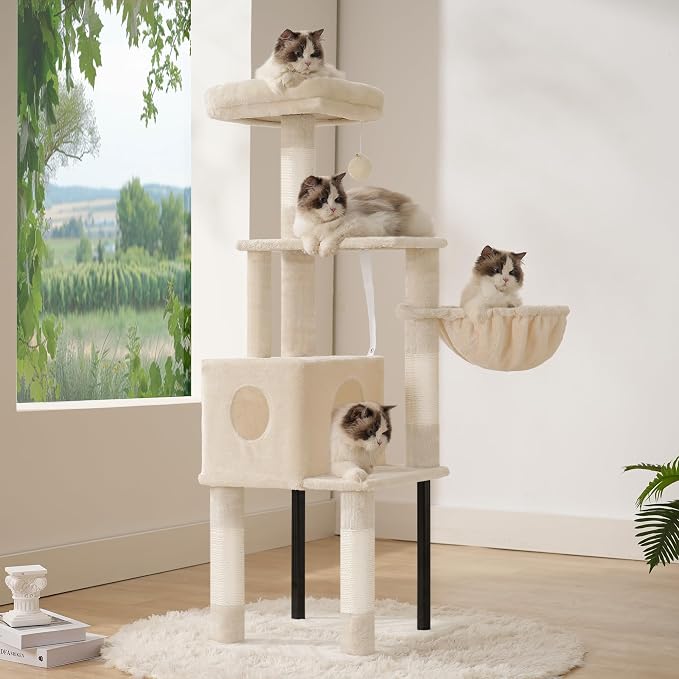 Heybly Cat Tree with Toy, 49.2 inch Cat Tower for Indoor Cats HCT200SM | Spacious Cat House Condo with Hidden Space，Soft Plush Top Perch，Cozy Hammock and Sisal Scratching Posts, Beige