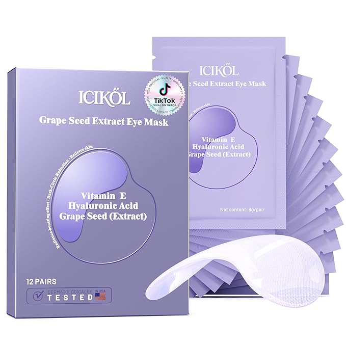 Instant tightener under eye patches with Grape Seed, Dark circles treatment eye patches with Women beauty, Puffy eyes treatment of under eye mask, 12 Pairs, Purple