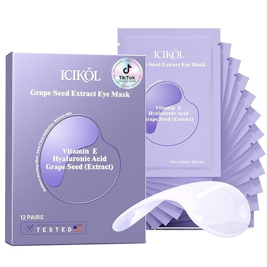 Instant tightener under eye patches with Grape Seed, Dark circles treatment eye patches with Women beauty, Puffy eyes treatment of under eye mask, 12 Pairs, Purple