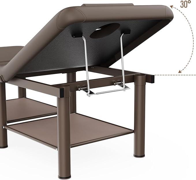 Folding Stationary Massage Table with Backrest and Storage Space, 6 Round Legs Metal Frame PU Leather, 30.5'' Wide × 75'' Long for Treatment Table Physical Therapy Table Spa Facial Bed, Brown