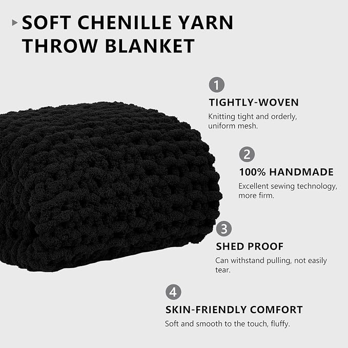 L'AGRATY Chunky Knit Throw Blanket for Couch, 72'' x 84'' Knit Throw, Black | Handmade Chenille Crochet Blanket for Sofa Bed, Thick Cable Knitted Blankets for Room Home Decor, Birthday Gift for Women Mom