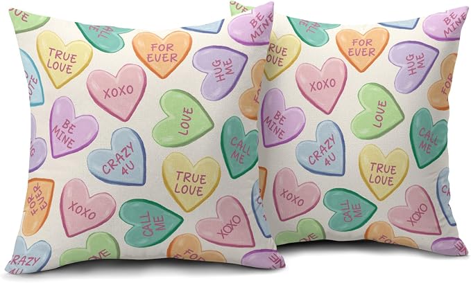 Valentine's Day Pillow Covers 16X16 Inch Set of 2 Colorful Cute Hearts Decorative Pillow Cases Candy Love Heart Anniversary Wedding Cushion Case Valentine Party Home Decor for Sofa Couch