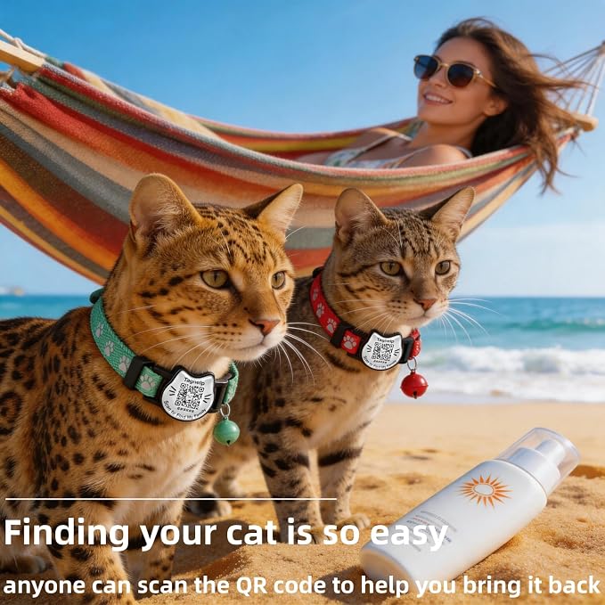 Breakaway Cat Collar with QR Code Tag and Bell (Red & Green) | Reflective Nylon, Quick-Release Buckle