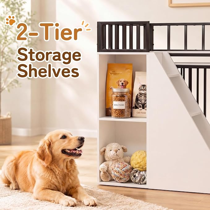 37" Dog Crate Furniture, Wooden Dog Kennel Indoor with Storage (White) | Heavy Duty Pet Cage Indoor for Small & Medium Dogs, Dog Kennel with Storage Shelf, 4 Lockable Wheels and Stairs, Loft-Style