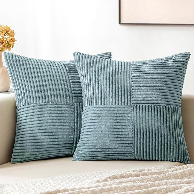 MIULEE Slate Blue Decorative Throw Pillow Covers for Couch 16x16 Inch | 2 Pack, Boho Farmhouse Pillow Covers, Soft Cross Corduroy Patchwork Textured Cushion Cases For Bed Sofa