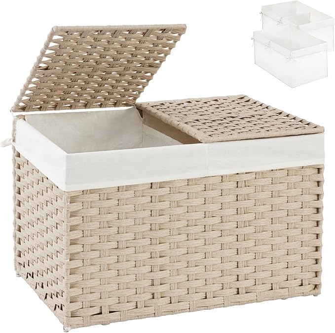 SETVSON Storage Basket with Lid 105L PE Rattan Storage Bin Light Khaki | 2 Removable Liners for Clothes & Blankets, 105L Storage Bin with 2 Separate Lids,Sturdy Metal Frame, PE Rattan