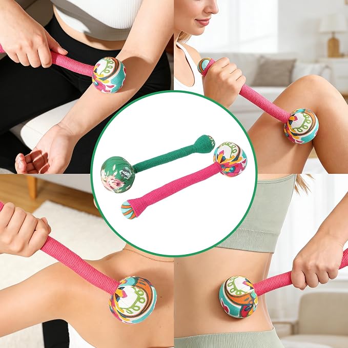 2PCS Long Wormwood Lymphatic Drainage Hammer, Manual Body Massage Hammer, Anti Slip Handheld Herbal Massage Hammer for Back Muscle Relaxation (Rose Red/Dark Green)