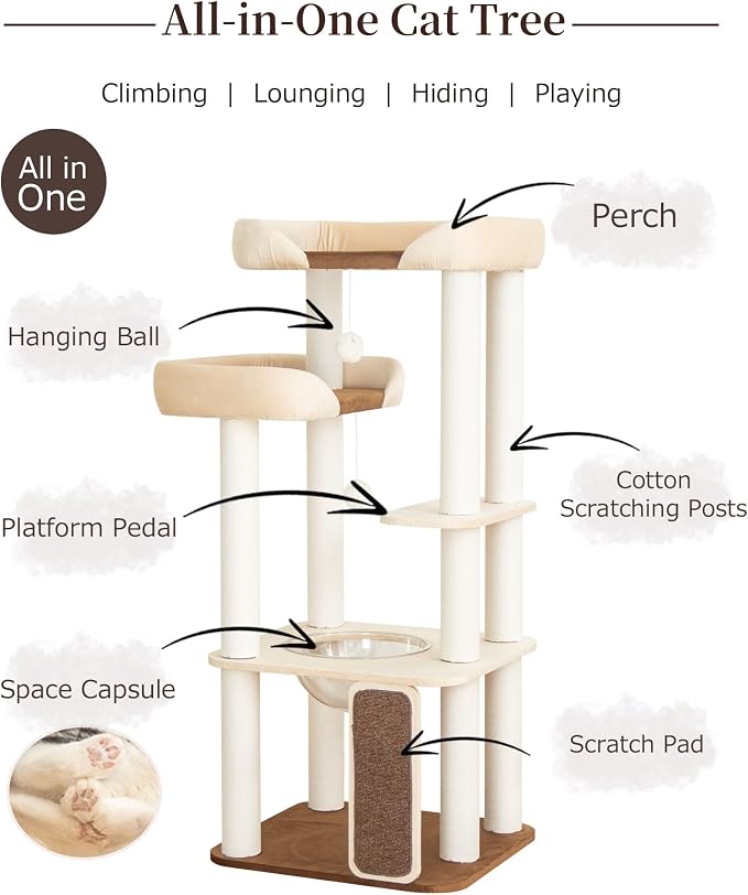 53'' Cat Tree for Large Cat, Modern Senior Friendly Cat Tower with Wide Shelves Low Step, Cotton Scratching Posts, Super Sturdy Base, Cozy Perches, and Interactive Toys (White)