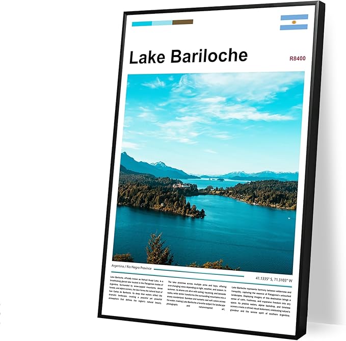 Poster Lake Bariloche Wall Art Original Design(36"x24" Golden Frame) Argentina Patagonia Landscape Print Andes Mountains Nature Scenery Nahuel Huapi Glacial View South America Travel Home Decor
