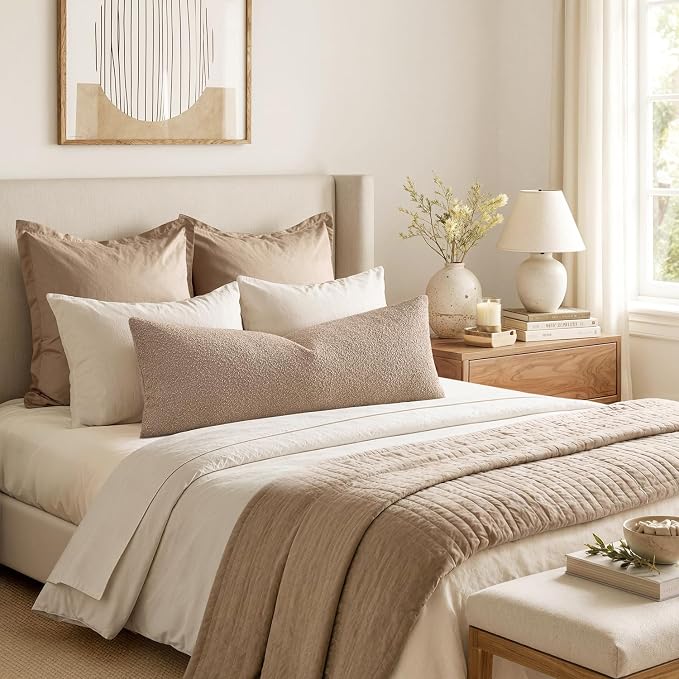 MIULEE Textured Boucle Lumbar Pillow Cover for Bed 14x36 Khaki | Pack of 1 Textured Neutral Couch Throw Pillow Cover, Accent Solid Long Body Pillowcase, Sofa Living Room Home Decor