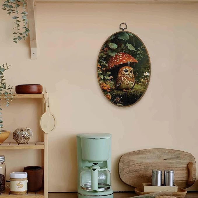 LKETW Vintage Owl Mushroom Oval Wall Art Decor, Whimsical Dark Cottagecore Oval Canvas Hanging Decor, Moody Botanical Forest Mushroom Bird Wall Decorations for Home Bedroom Living Room, 8.6x11.4 Inch