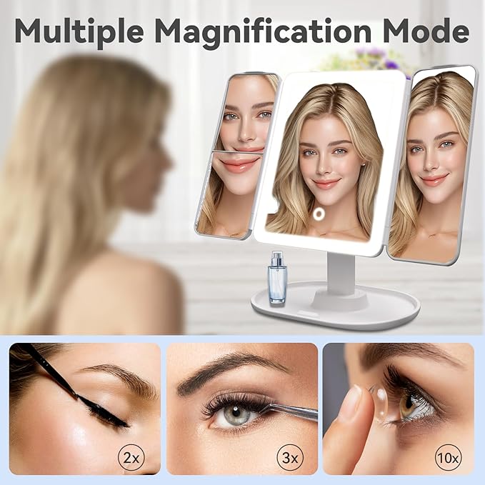 Makeup Mirror with Lights，Vanity Mirror with Lights 2X/3X/10X Magnification, Smart Sensor, Adjustable Stand & Brightness, Travel Makeup Mirror with Type-C Fast Charging 3-Colors, Gifts for Women Girls