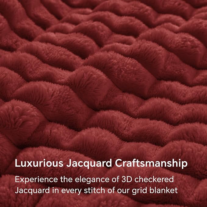 BEDELITE 3D Checked Burgundy Fleece Throw Blanket for Couch, 50x60 Inches | Soft Warm Fuzzy Fluffy Blanket for Bed Sofa, Lightweight Plush Cozy Blankets for Home Room Decor, Gift for Women, All Season