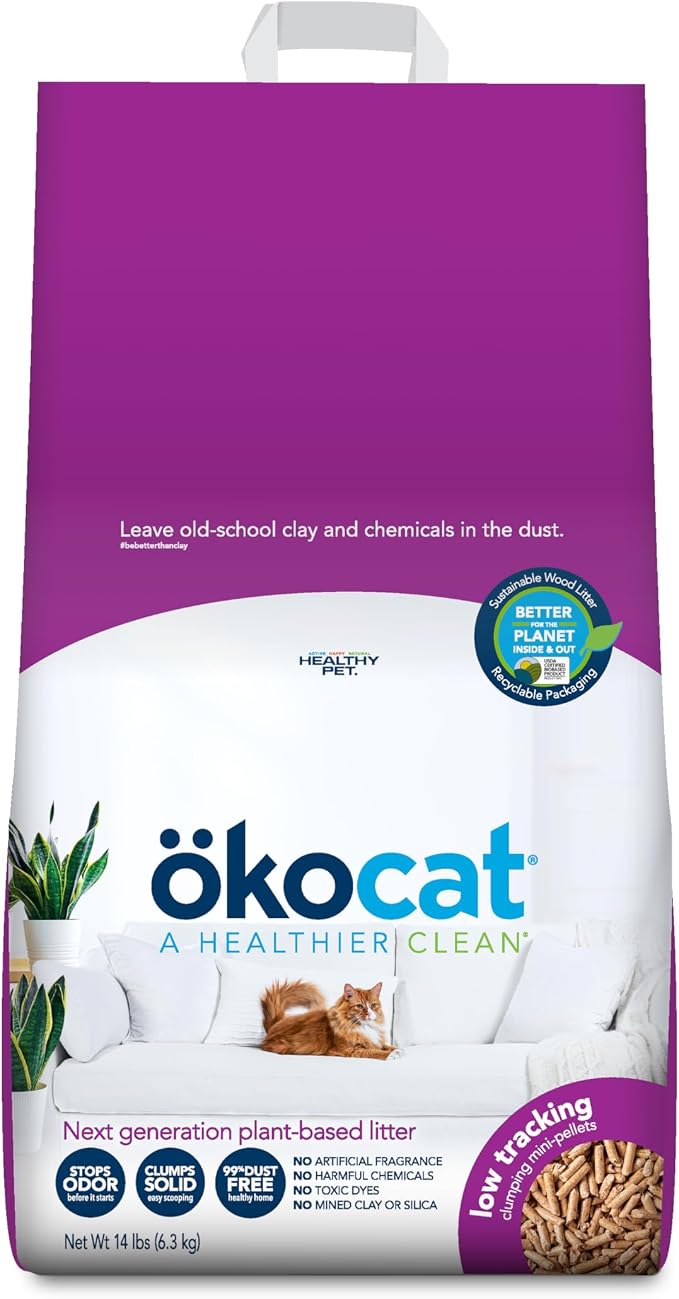 ökocat Low Tracking Natural Wood Clumping Cat Litter, Odor Control 14 Lbs