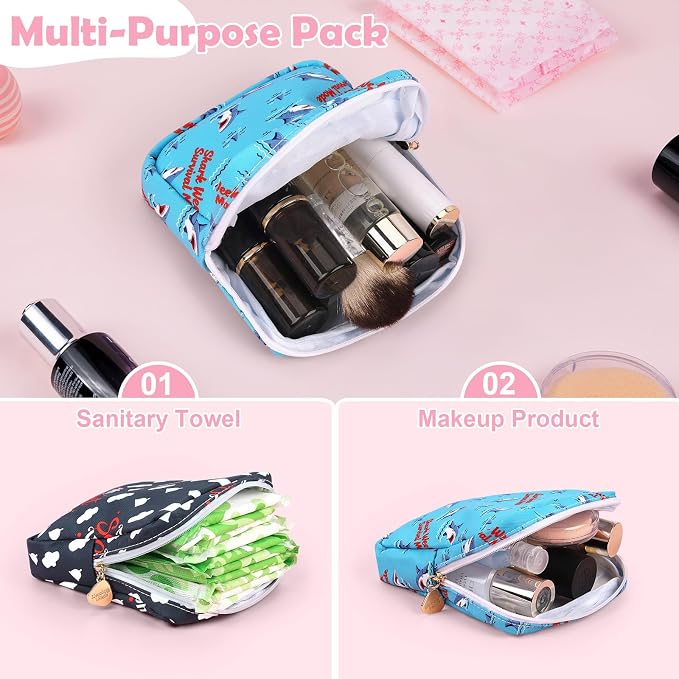 Sanitary Pad Storage Bag Portable Period Bag for Teen Pads/Sanitary Napkins/Small Tampons, Sanitary Napkin Storage Bag First Period Gifts for Teen Girls (Shark Week)