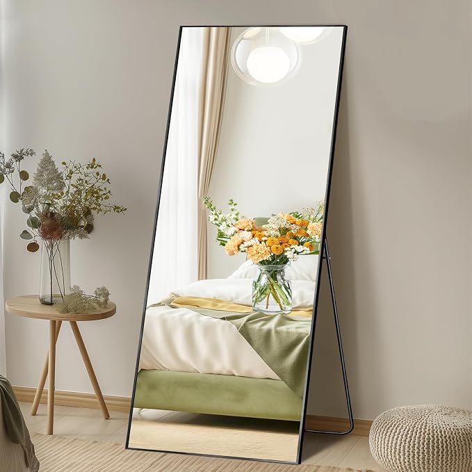DUMOS 64"x21" Full Length Mirror with Stand, Full Body Floor Mirror | Free Standing or Wall Mount, Nano Glass Aluminum Frame, Hanging or Leaning, Modern Simple Home Decor, Black