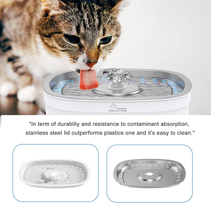 Wonder Creature Cat Water Fountain Stainless Steel Lid with 3 Filters, 84oz | 2.5L Pet Fountain with 3 Carbon Filters, 1 Mat, 2 Spouts, Quiet Pump, LED Water Level Window and 4 Flow Modes