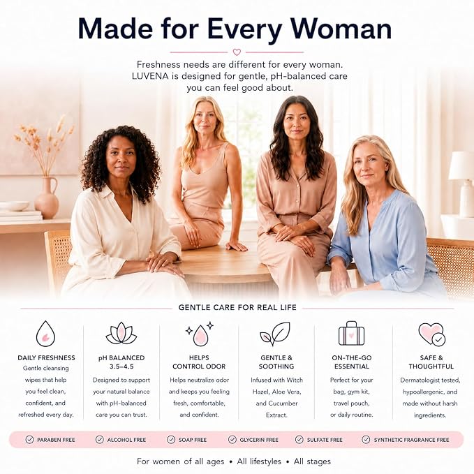 Luvena Feminine Wipes for Women - pH Balanced Feminine Care Wipes - Dermatologist Tested - Hypoallergenic, Paraben Free - Odor Control - Soft Cleansing Cloths - Cucumber Scented (25 Count, 3 Pack)
