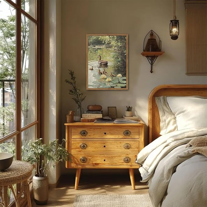Framed Vintage Duck Canvas Wall Art, Rustic Farmhouse Animal Family Pictures Wall Decor, Country Nature Pond Paintings Prints Cottagecore Home Decor for Living Room Bedroom Bathroom 16x24 inch