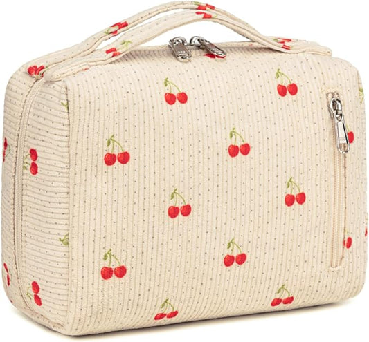 Bluboon Makeup Bag Zipper Pouch Travel Portable Cosmetic Bag Organizer for Women and Girls(Cherry Corduroy beige)