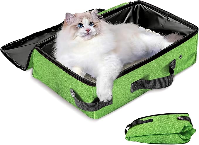 Foldable Travel Cat Litter Box with Zippered Cover, Leak-Proof Portable Collapsible Cat Toilet, Lightweight Nylon Enclosed Litter Box for 2 Adult Cats, Ideal for Car Rides & Outdoor Pet Travel