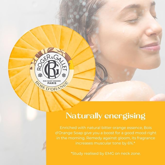 ROGER & GALLET Bois d'Orange Beneficial Soap Bar - All Natural Round Soap Bars for Men & Women - Enriched with Bitter Orange Essence - Luxurious Woody Patchouli Aroma - 100g