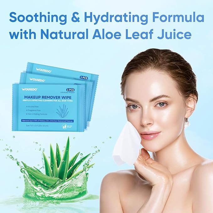 48 Count Makeup Remover Wipes, Bulk Gentle Cleansing Facial Towelettes, Individually Wrapped Travel Size,Alcohol-Free & Hypoallergenic for All Skin Types