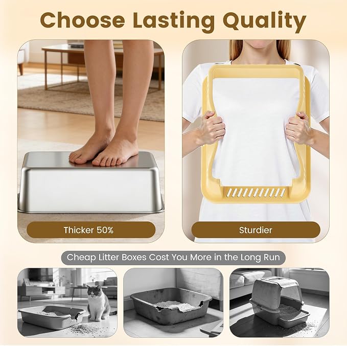 Stainless Steel Small Cat Litter Box, 11.8" High Sides, Low Entry | Non-Stick Surface for Easy Scooping, Odor-Resistant Stainless Steel, Anti-Leak Design, Compact Size for Small Spaces