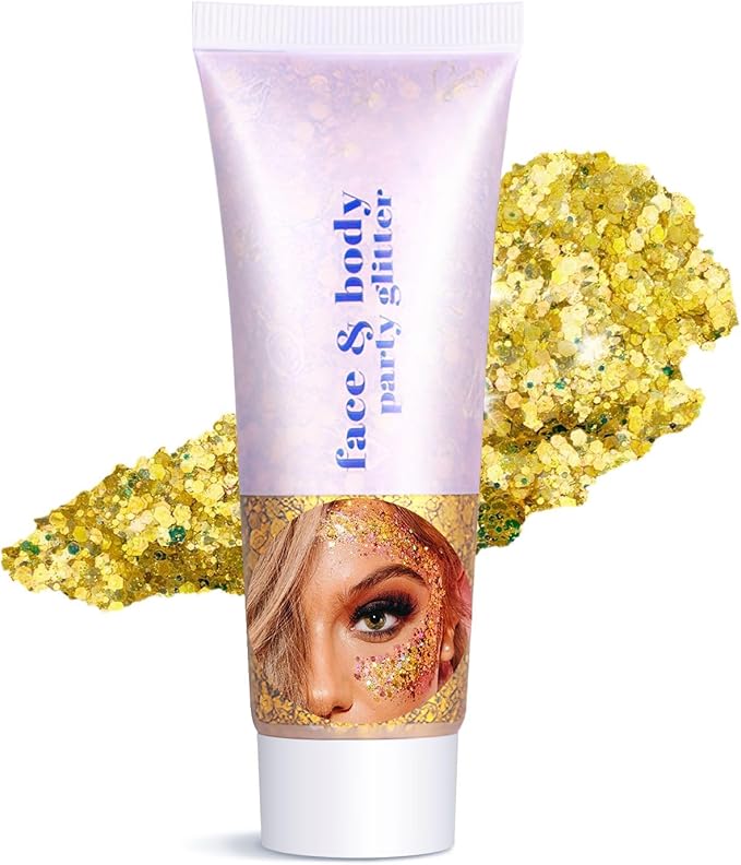 Body Glitter Gel - Christmas Gifts for Kids and Women, Sparkly Chunky Glitter Hair, Singer Concert Festival Rave Accessories (Gold Body Glitter)