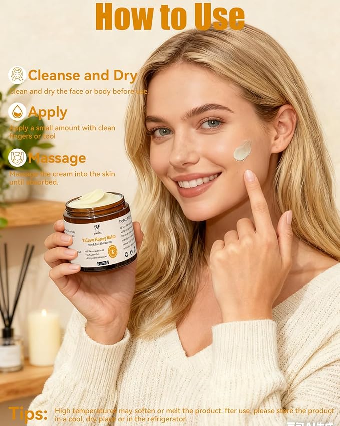 Beef Tallow for Skin, Whipped Tallow and Honey Balm for Body & Face, Natural Formula Grass-Fed Tallow Face Moisturizer for All Skin Types - 2oz