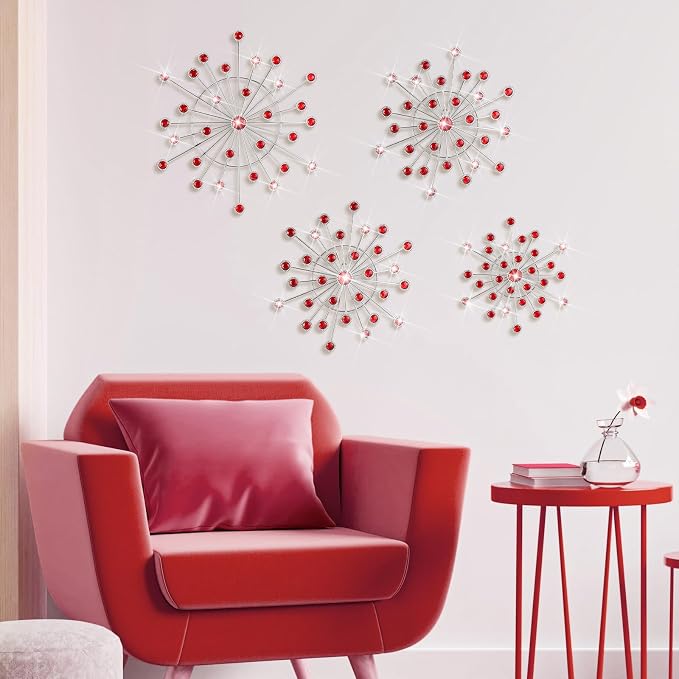 Blulu 4 Pcs Metal Wall Decor Bling Crystal Wall Art Cast Iron Rhinestones Sunburst Decor Starburst Art Hanging Diamond Accents Decorative for Living Room Bedroom Entryway (Red)