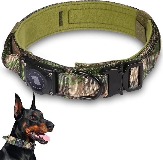 2026 Upgrade Waterproof Tactical AirTag Dog Collar, Built in AirTag Holder | Comfortable Control Handle, Quick Release Metal Buckle, Durable 1000D Nylon, For Medium to Large Dogs, Camouflage, L