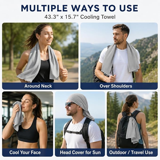 Cooling Towel for Neck and Face - 43.3" x 15.7" - Quick-Dry Microfiber - Ideal for Hot Weather, Gym, Fitness, Camping, Yoga - Light-Gray