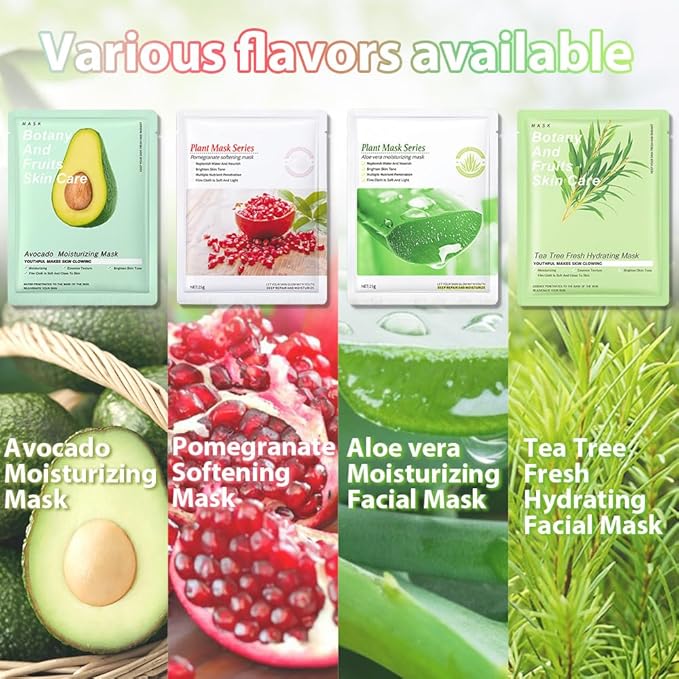 evpct 8-Pack Fruit Sheet Face Facial Masks for Women Skincare Spa, Facial Spa Day Slumber Sleepover Birthday Party Favors Supplies Kit, Natural Ingredients, Hydrate and Soothe for All Skin Types, B02