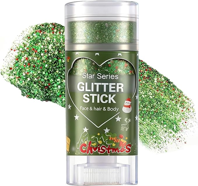 Green Red and White Body Glitter Stick, Christmas Hair Glitter for Kids Women,Xmas Party Festivel Accessories Outfits Face Glitters Makeup, Long Lasting Chunky Sequins Gel for Christmas (Green)