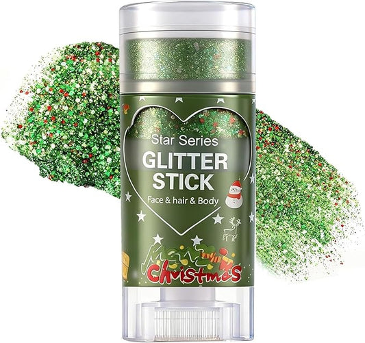 Green Red and White Body Glitter Stick, Christmas Hair Glitter for Kids Women,Xmas Party Festivel Accessories Outfits Face Glitters Makeup, Long Lasting Chunky Sequins Gel for Christmas (Green)