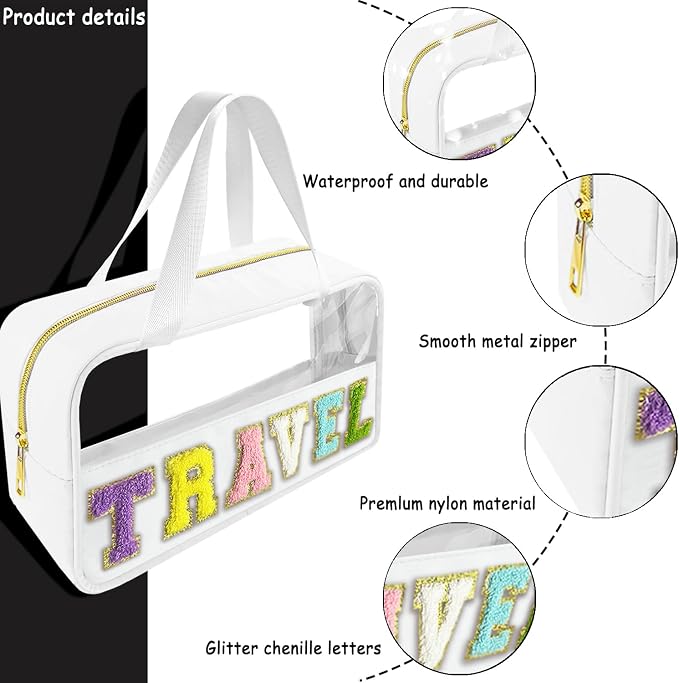 Bunliuys Chenille Letter Clear Makeup Bag Travel Patch, Travel Toiletry Makeup Bag with Handle, Nylon Waterproof Makeup Bags clear cosmetic bag, preppy patch makeup bag for Women (TRAVEL-White)