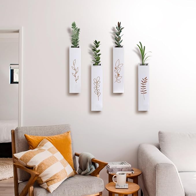 Wooden Wall Vase Planter Set of 4 | White Finish Farmhouse & Boho Wall Decor for Entryway, Hallway, Bathroom, Living Room, Dining Room
