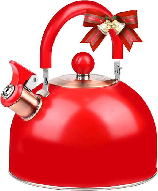 2.6 Quart Red Whistling Tea Kettle for Stovetop, Stainless Steel Teapot with Cool-Touch Handle, Loud Whistle, Wide Base, Gas Electric Induction Compatible