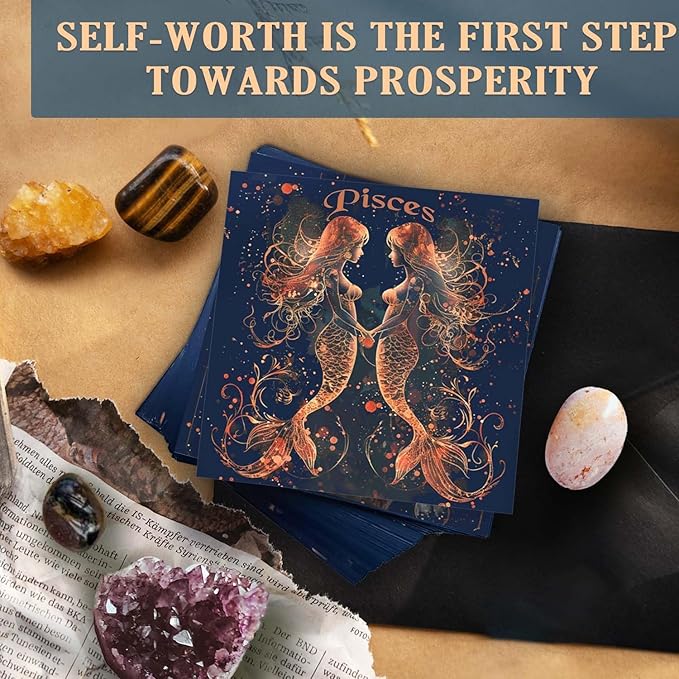 Faivykyd Pisces Crystals Gift, 6 Pisces Zodiac Natural Stones w/ 50 Miracle Mantras Affirmation Cards, Unique Healing Gift for Women Promoting Positive Energy, Self-Care, & Love