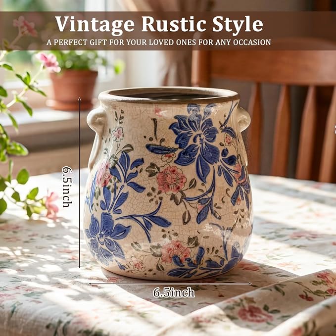 Ceramic Scroll Planter 6.5 Inch Chinoiserie Floral Vase with Drainage Holes Vintage Flower Vase Flower Pot Rustic Ceramic Pots for Indoor Plants Garden Home Bookshelf Decor(Blue, Red)