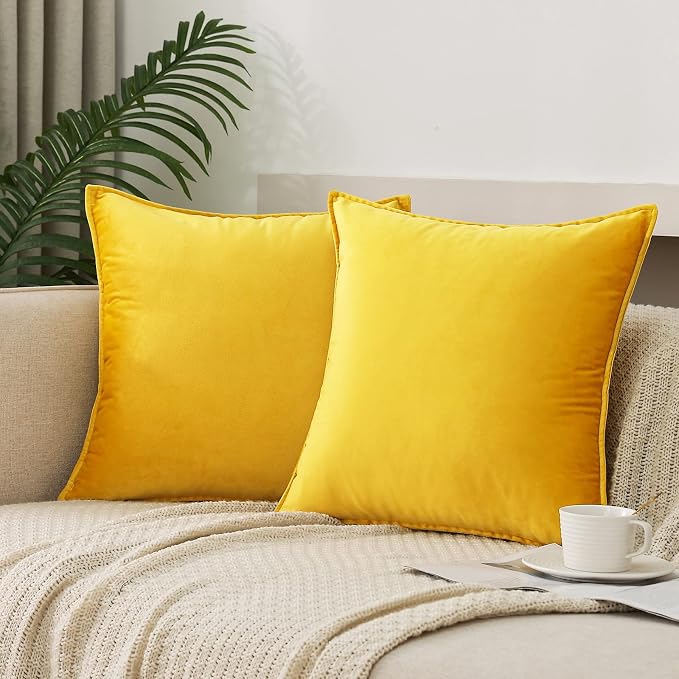 Velvet Yellow Throw Pillow Covers 22”x22”Pack of 2 Soft Decorative | Square Cushion Covers for Couch Sofa Bed Livingroom Car Home Decor,55x55Cm