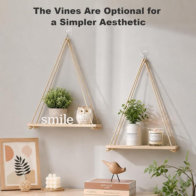 RICHER HOUSE Hanging Floating Shelves No Drill, Macrame Plant Wall Shelf | 2 Set Boho Trinket Shelf with Artificial Ivy and LED Lights, Wall Art Aesthetic Decor, for Bedroom, Dorm, Two-Way Install