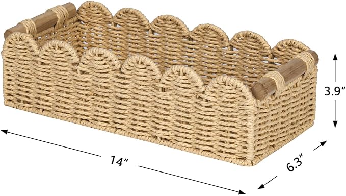 CubesLand Scalloped Toilet Paper Storage Basket W/Handle for Home Decor | Paper Rope Toilet Organizer Basket for Countertop, Over Toilet Shelf, End Table, Living Room Cozy Decorative & More, Beige
