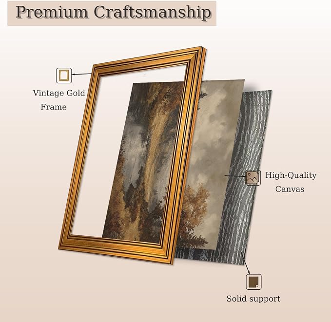 Vintage Gold Framed Wall Art Fall Forest Lake Landscape Painting Wall Decor | Autumn Scenery Pictures Canvas Art Farmhouse Cottagecore Small Framed Prints Artwork for Bookshelf Hallway Gallery Wall