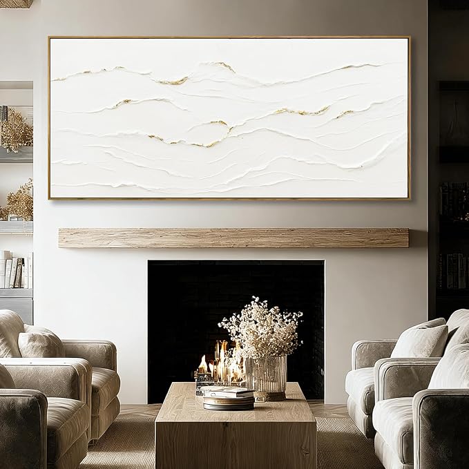 Extra Large Framed White Gold Textured Wall Art for Living Room 32x70 Inch