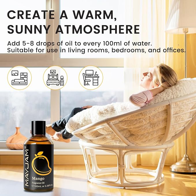 MAYJAM Mango Fragrance Oil Essential Oils for Diffusers for Home, 3.38FL.OZ | Long Lasting Scented Oils for Soap Making, Mango Essential Oil for Candle Making