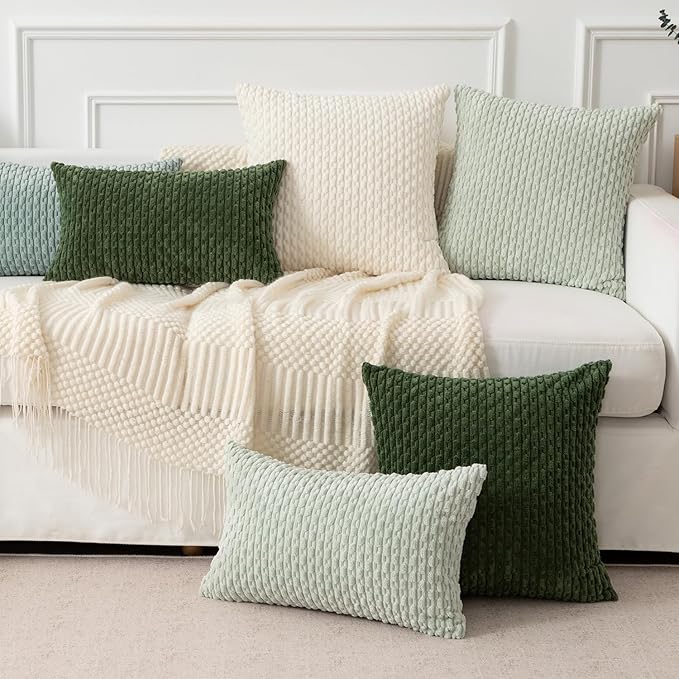 Kevin Textile Soft Corduroy 14"x22" Lumbar Pillow Cover 1 Pack, Grey Green | Boho Stripe Plush Corduroy Decorative Oblong Cushion Cover Modern Farmhouse Home Decor for Sofa Couch Bed Chair